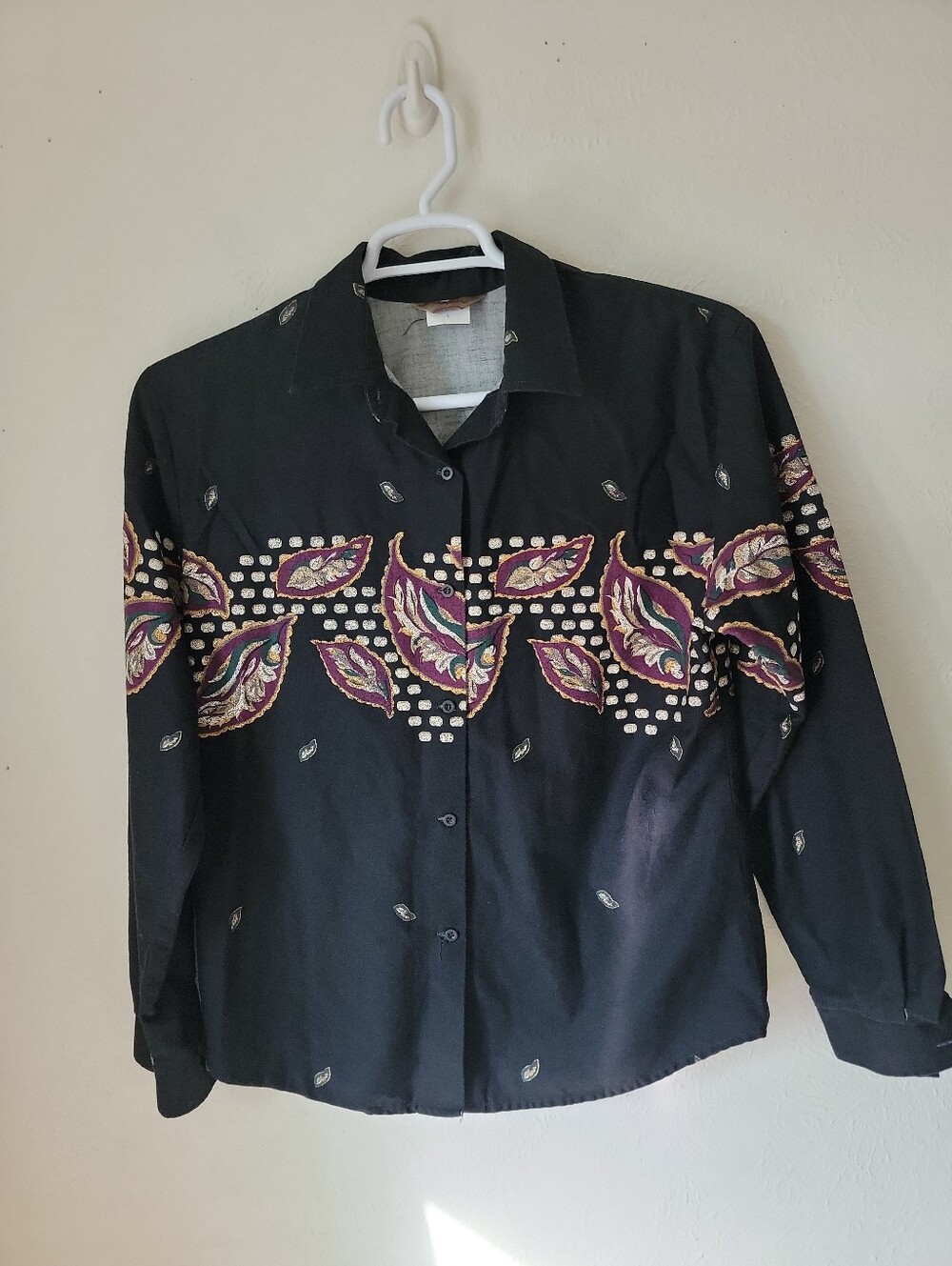 Vintage Roper Womens Western Black Button-Down Shirt with Purple Paisley Border